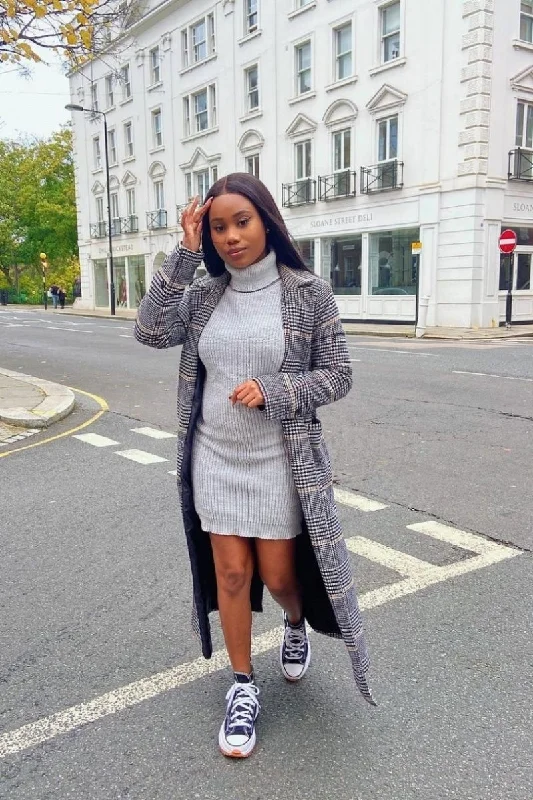 Grey Roll Neck Knitted Mini Dress