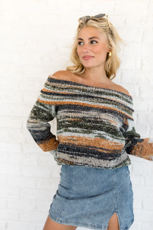 Happy Harvest Olive Off The Shoulder Multi Color Sweater