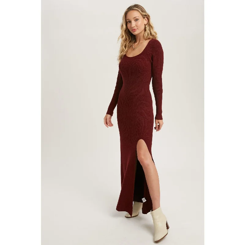 High Slit Burgundy Knit Sweater Dress