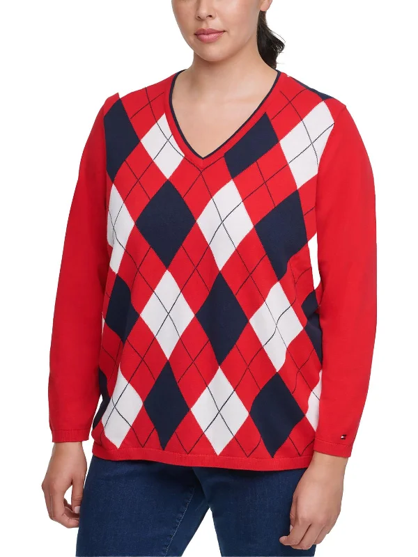 Plus Womens Ribbed Trim  Cotton Pullover Sweater