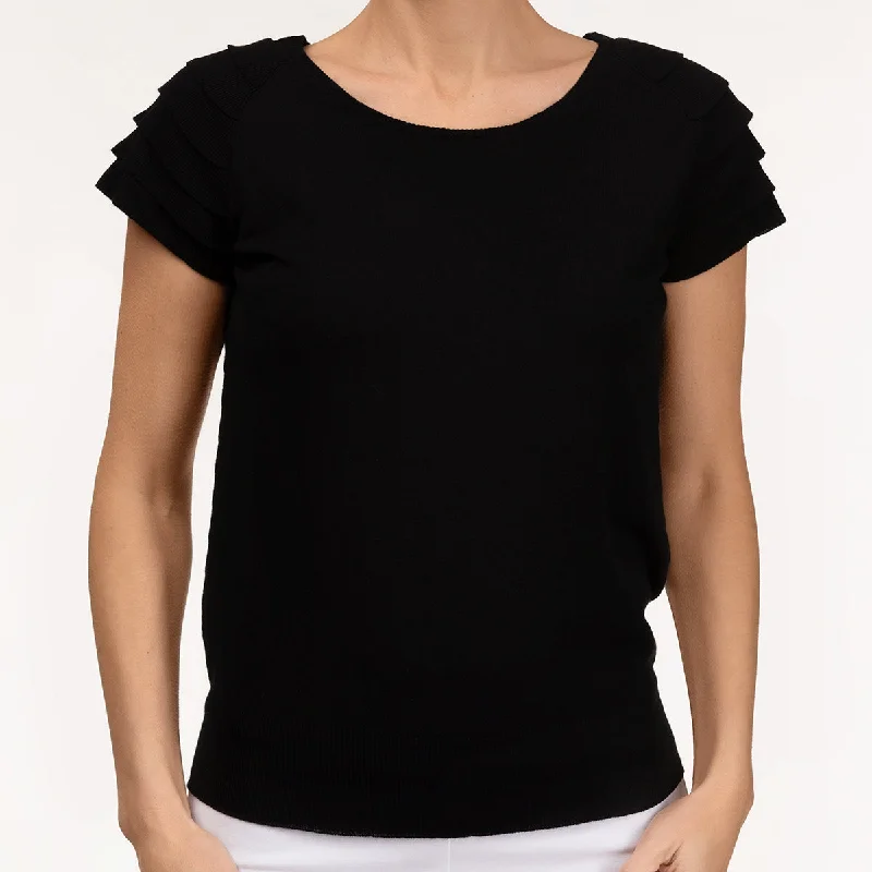 Ruffle Short Sleeve Pullover in Black