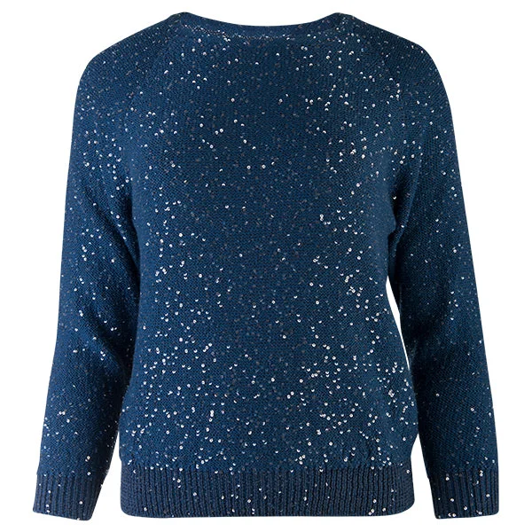 Sequin Crewneck Raglan Pullover in Denim Blue