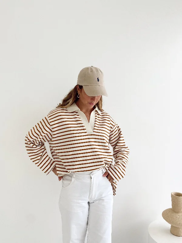 Coast Striped Pullover - Camel / White