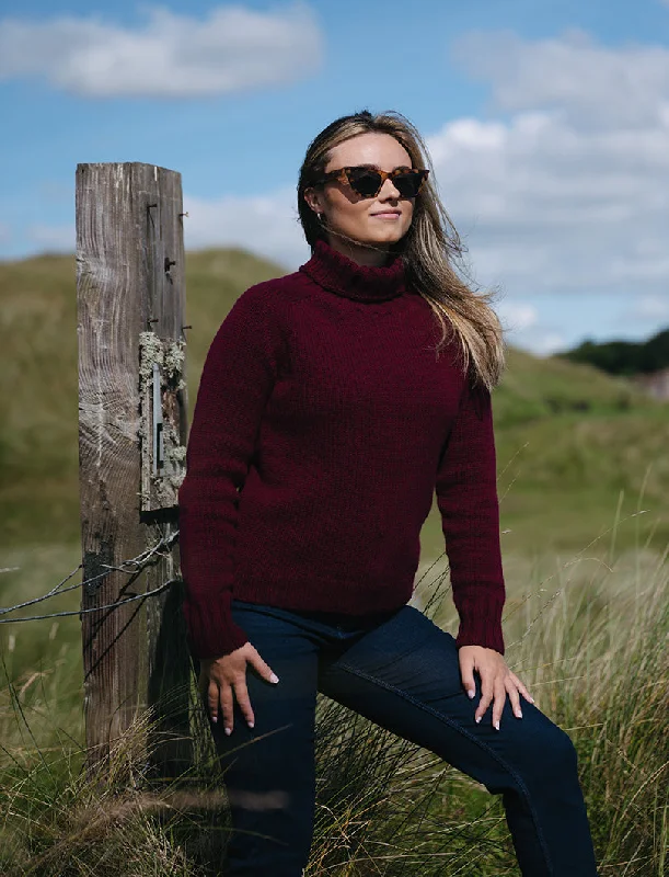 Womens Chunky Geelong Superfine Lambswool Polo Neck Jumper - Burgundy