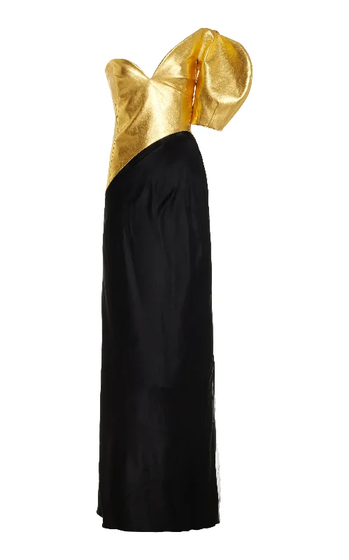 Giulia Maxi Dress in Gold Metallic Nappa Leather & Black Silk Velvet