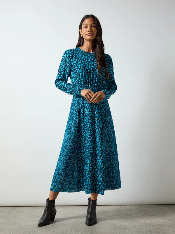 Petite Blue Dash Print Godet Detail Dress