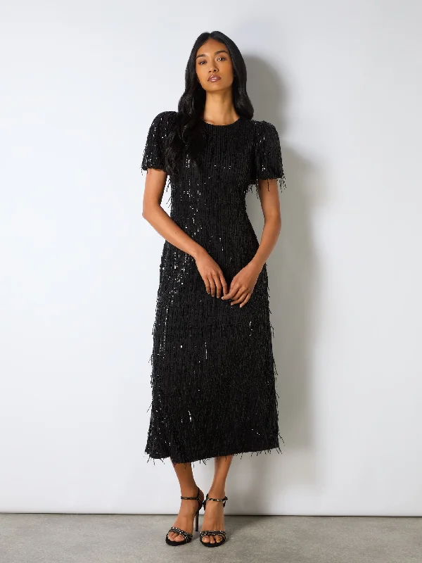 Petite Gina Black Fringe Sequin Puff Sleeve Midi Dress