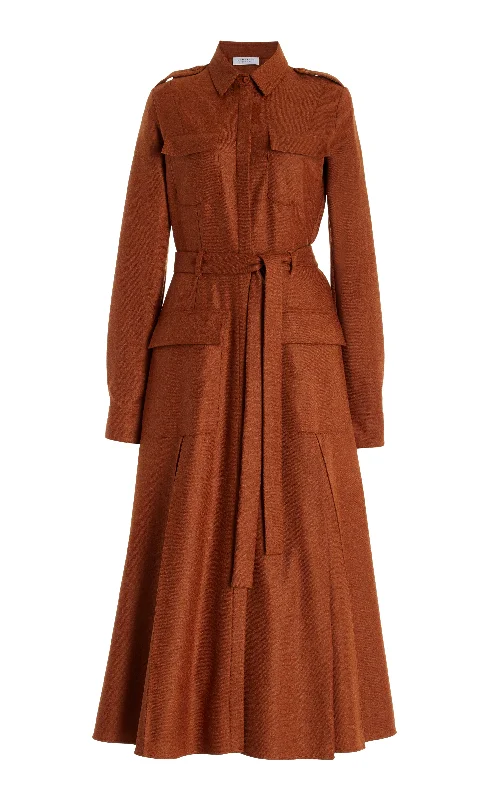 Roe Maxi Shirtdress in Rust Melange Virgin Wool Cashmere Flannel