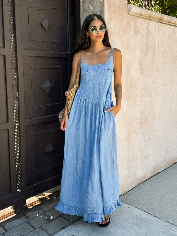 Payton Pleated Denim Maxi Dress