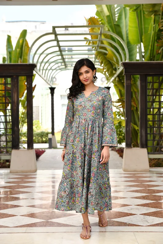 Ball Gown Women Dress with a Full Skirt for a Princess - like Look Ball Gown Women Dress with a Full Skirt for a Princess - like Look Playful Green Pure Handblock Cotton Long Dress