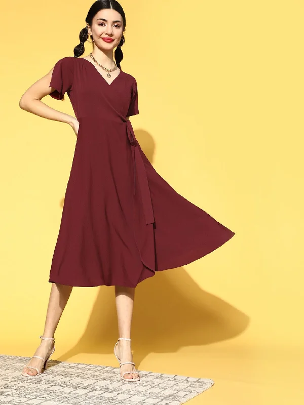 Strapless Women Dress with a Built - in Bra for Comfort and Support Strapless Women Dress with a Built - in Bra for Comfort and Support Berrylush Women Solid Maroon V-Neck Slit Sleeve Waist Tie-Up Flared Wrap Midi Dress