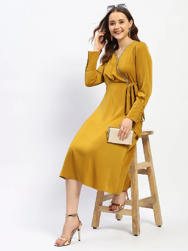 Ruffled Women Dress with Multiple Layers for a Playful and Girly Style Ruffled Women Dress with Multiple Layers for a Playful and Girly Style Madame Empire Waist Chain Accented Mustard Midi Dress