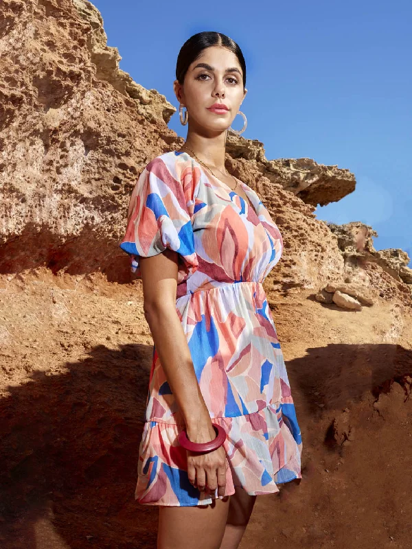 Ball Gown Women Dress with a Full Skirt for a Princess - like Look Ball Gown Women Dress with a Full Skirt for a Princess - like Look Madame Abstract Print Multi Colour V-Neck Mini Dress