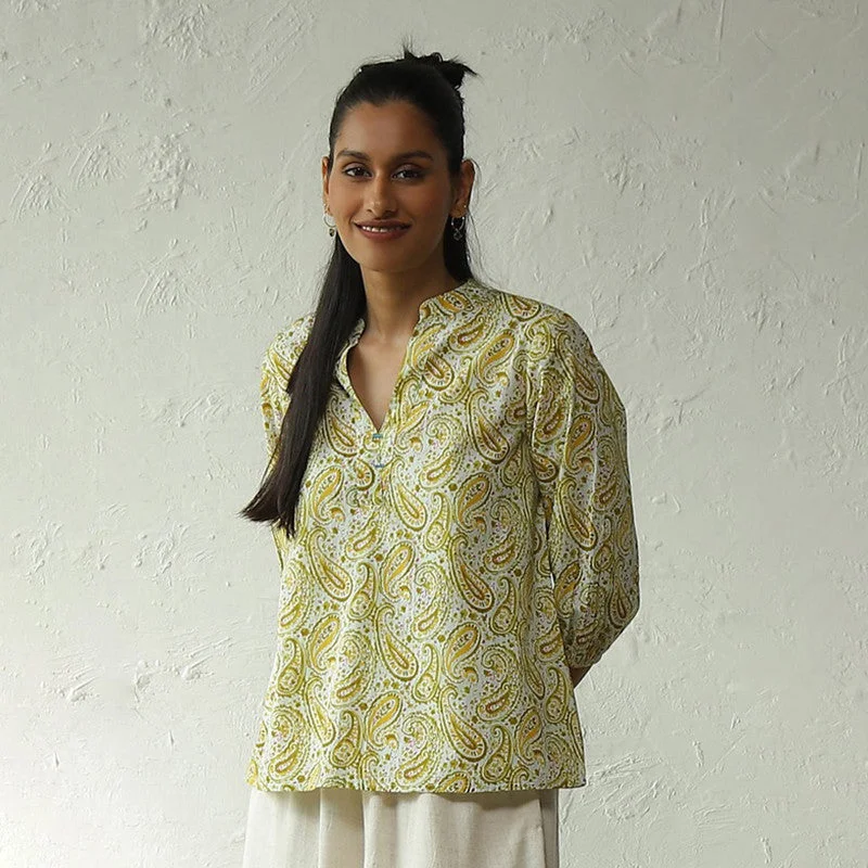 Mermaid - Style Women Dress with a Fitted Silhouette for Special Occasions Mermaid - Style Women Dress with a Fitted Silhouette for Special Occasions Cotton Printed Top For Women | Block Print | Yellow