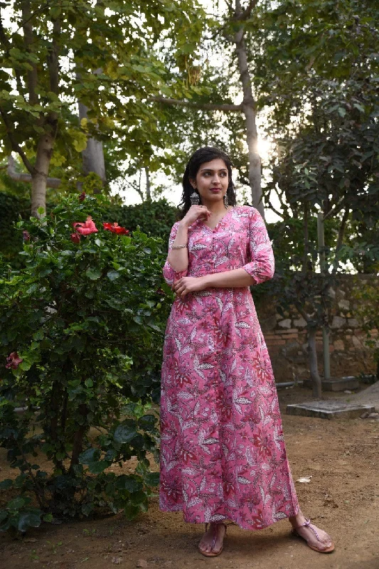 Printed Abstract Women Dress for a Modern and Artistic Appeal Printed Abstract Women Dress for a Modern and Artistic Appeal Women full length pink floral long dress in pure Handblock