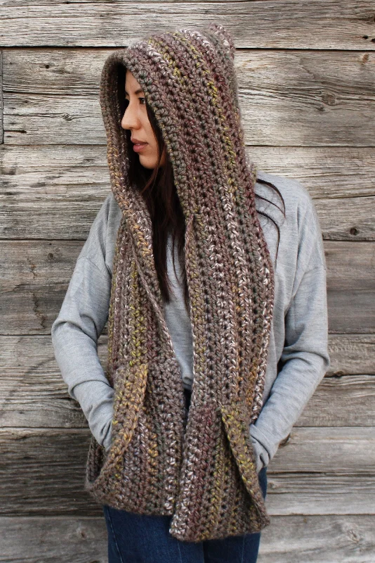 Cotton scarf with a vibrant floral print for spring and summerCrochet Kit - Kodiak Hooded Pocket Scarf Cotton scarf with a vibrant floral print for spring and summerCrochet Kit - Kodiak Hooded Pocket Scarf