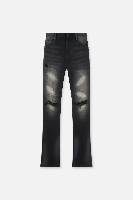 Men's Jeans with a Zip - Off Lower Leg for Convertible StyleDENIS MINI FLARE JEAN | FADED BLACK DISTRESSED Men's Jeans with a Zip - Off Lower Leg for Convertible StyleDENIS MINI FLARE JEAN | FADED BLACK DISTRESSED