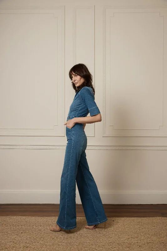 Men's Distressed Jeans with Patches for a Retro and DIY - Inspired AppearanceCassandra The Flared Jumpsuit | Fawcett Blue [Blue Denim]