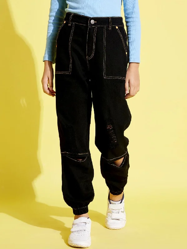 Men's Jeans with a Cargo - Inspired Knee Pocket for Extra StorageGirls Black Knee Slit Denim Jogger Jeans Men's Jeans with a Cargo - Inspired Knee Pocket for Extra StorageGirls Black Knee Slit Denim Jogger Jeans