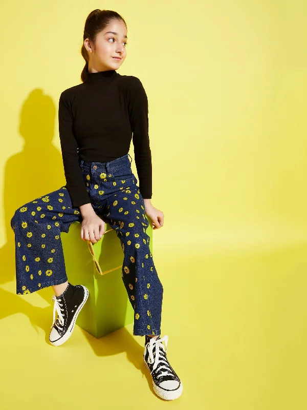 Men's Jeans with a Zip - Off Lower Leg for Convertible StyleGirls Blue Flower Print Straight Jeans Men's Jeans with a Zip - Off Lower Leg for Convertible StyleGirls Blue Flower Print Straight Jeans