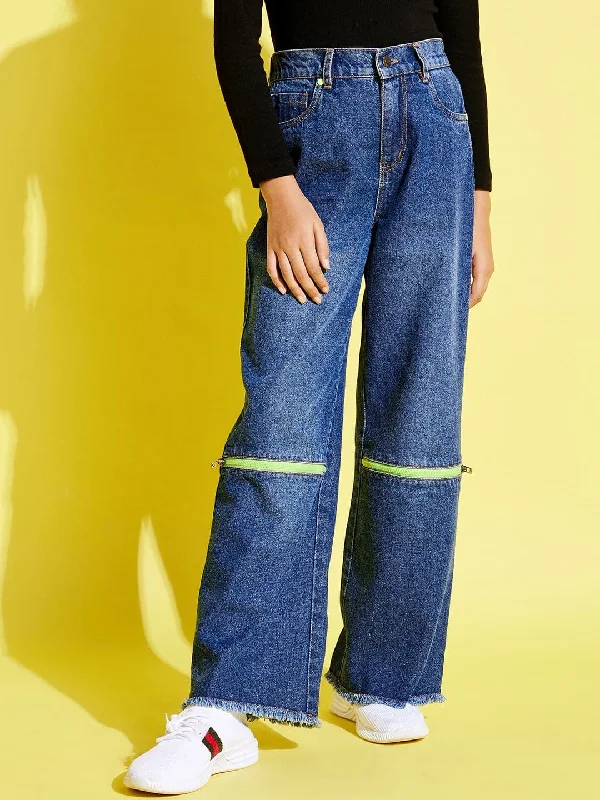 Plus Size Men's Straight Leg Jeans with Reinforced Knees for DurabilityGirls Blue Front Zipper Straight Jeans