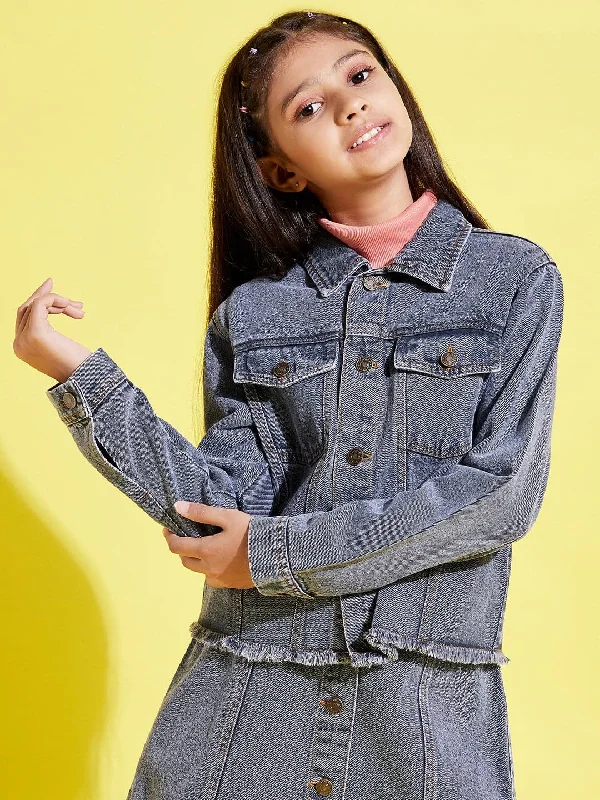 Men's Jeans with a Hidden Coin Pocket for Added ConvenienceGirls Grey Acid Wash Raw Hem Denim Crop Jacket