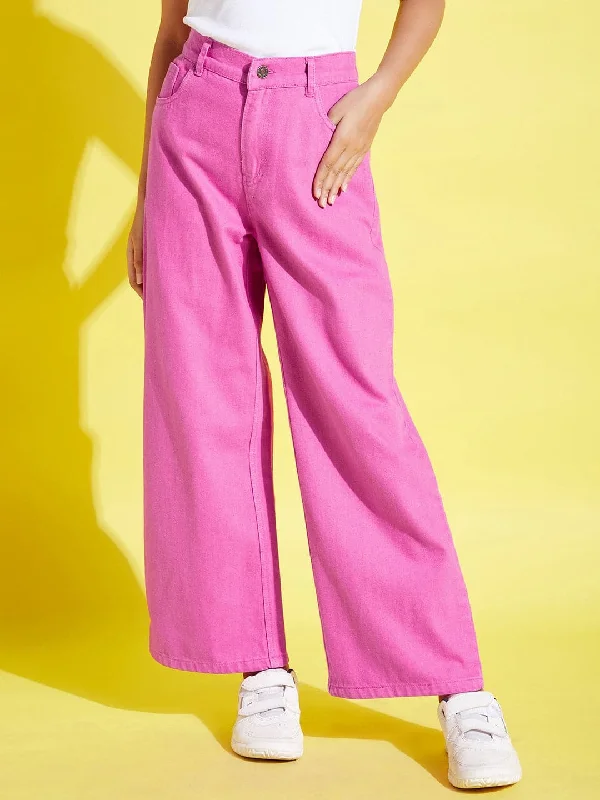 Plus Size Men's Straight Leg Jeans with Reinforced Knees for DurabilityGirls Pink Denim Straight Jeans