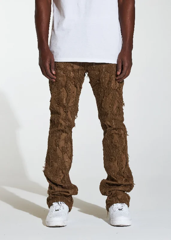 Men's Distressed Jeans with Patches for a Retro and DIY - Inspired AppearanceKai Stacked Flare Denim (Brown) Men's Distressed Jeans with Patches for a Retro and DIY - Inspired AppearanceKai Stacked Flare Denim (Brown)