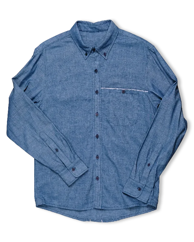 Men's Distressed Jeans with Patches for a Retro and DIY - Inspired AppearanceOxford | Chambray Selvage Men's Distressed Jeans with Patches for a Retro and DIY - Inspired AppearanceOxford | Chambray Selvage