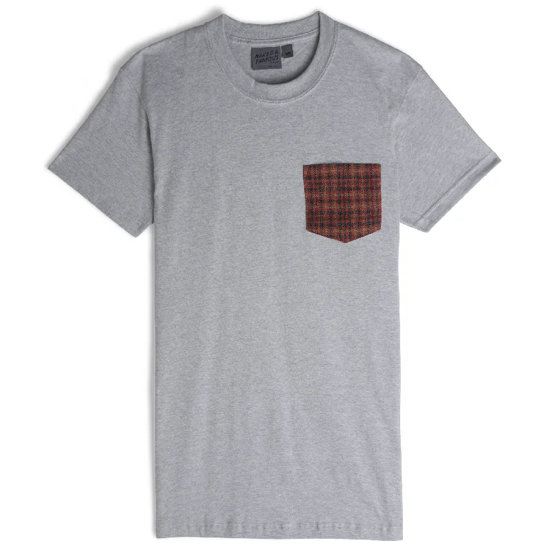 Men's Distressed Jeans with Patches for a Retro and DIY - Inspired AppearancePocket Tee - Heather Grey - Brushed Vintage Flannel - Red Men's Distressed Jeans with Patches for a Retro and DIY - Inspired AppearancePocket Tee - Heather Grey - Brushed Vintage Flannel - Red