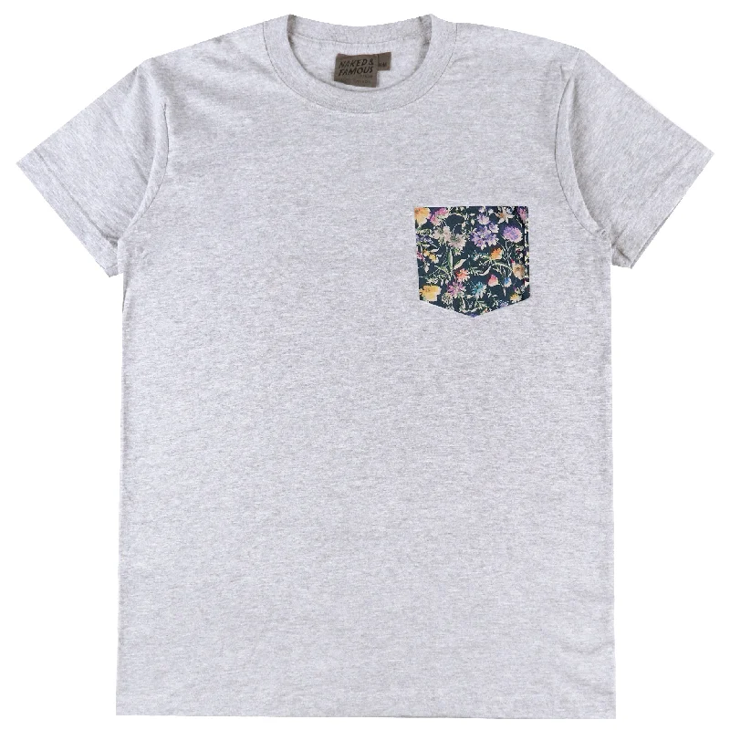 Men's Jeans with an Elastic Waistband for Ultimate ComfortPocket Tee - Heather Grey - Floral Painting - Navy Men's Jeans with an Elastic Waistband for Ultimate ComfortPocket Tee - Heather Grey - Floral Painting - Navy