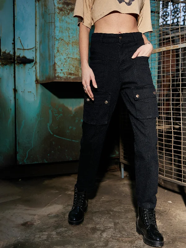 Men's Jeans with a Cargo - Inspired Knee Pocket for Extra StorageWomen Black Denim Front Patch Pocket Jeans