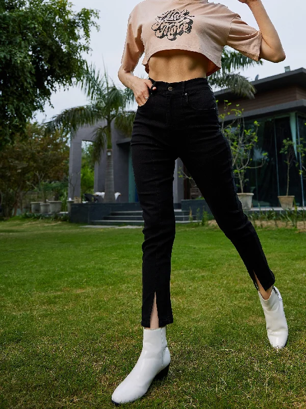 Men's High - Waisted Jeans in a Medium Wash for a Vintage - Style RevivalWomen Black Hem Slit Relax Premium Jeans Men's High - Waisted Jeans in a Medium Wash for a Vintage - Style RevivalWomen Black Hem Slit Relax Premium Jeans