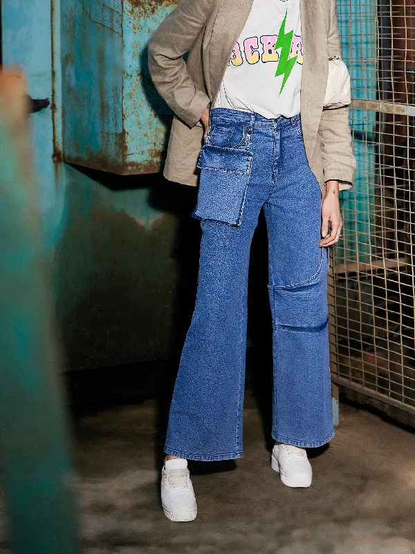 Men's Jeans with a Cargo - Inspired Knee Pocket for Extra StorageWomen Blue Denim Pouch Pocket Straight Jeans Men's Jeans with a Cargo - Inspired Knee Pocket for Extra StorageWomen Blue Denim Pouch Pocket Straight Jeans