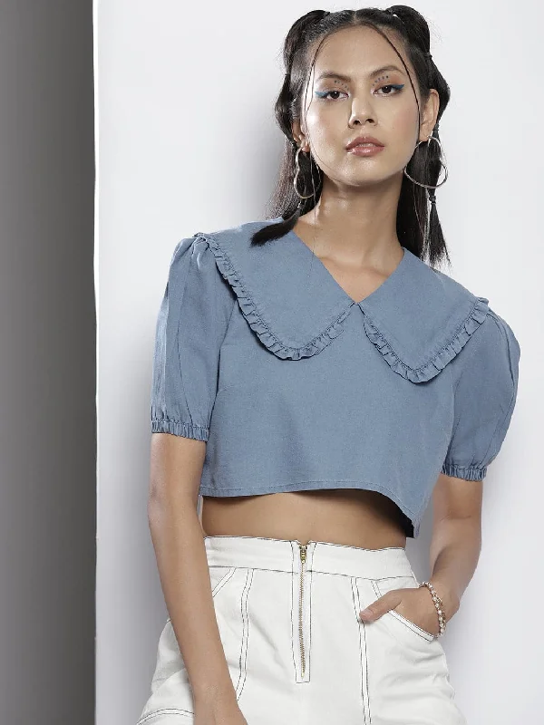 Men's Jeans with a Button - Fly for a Traditional and Classic AestheticWomen Blue Frill Detail Broad Collar Crop Tencel Top