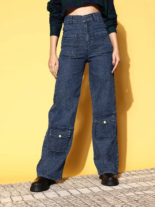 Men's Cargo Jeans with Multiple Pockets for a Practical and Outdoor - Friendly LookWomen Blue Washed Multi Pocket Stretch Straight Jeans
