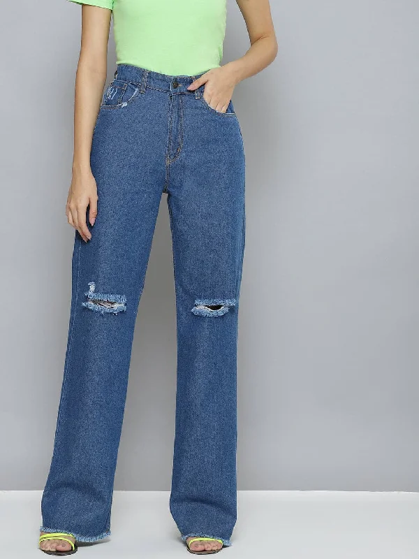 Men's Distressed Jeans with Patches for a Retro and DIY - Inspired AppearanceWomen Blue Wide Leg Distressed Slit Jeans Men's Distressed Jeans with Patches for a Retro and DIY - Inspired AppearanceWomen Blue Wide Leg Distressed Slit Jeans