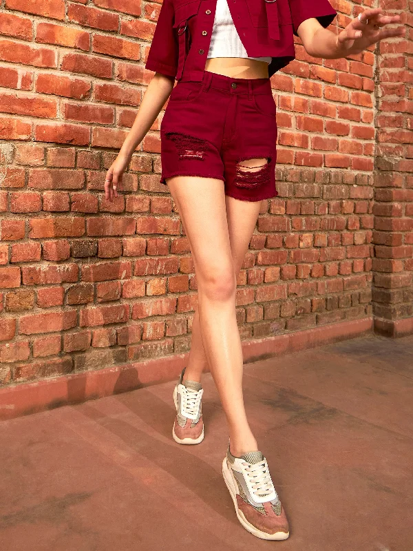 Plus Size Men's Relaxed Fit Jeans with a Faded Wash for a Vintage - Inspired LookWomen Maroon Denim Heavy Distress Shorts Plus Size Men's Relaxed Fit Jeans with a Faded Wash for a Vintage - Inspired LookWomen Maroon Denim Heavy Distress Shorts