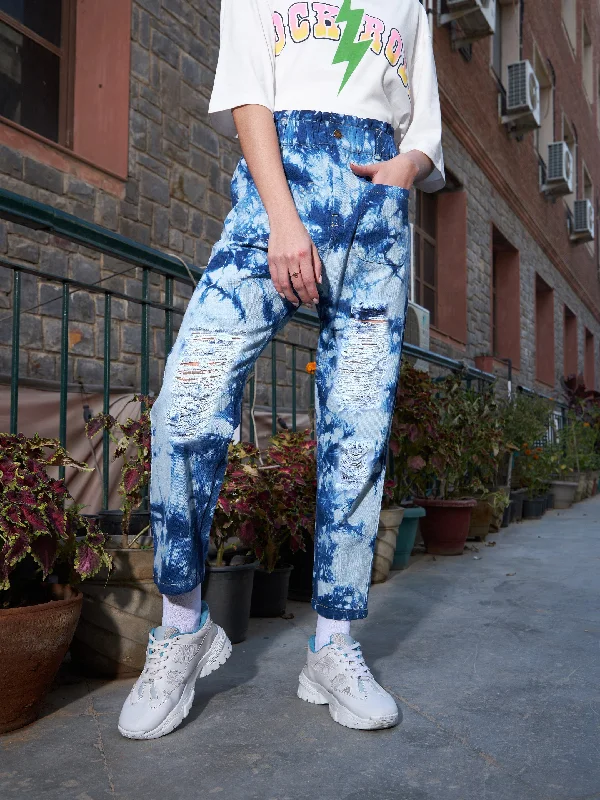 Men's Distressed Jeans with Patches for a Retro and DIY - Inspired AppearanceWomen Navy Tie Dye Distressed PaperBag Slouchy Jeans