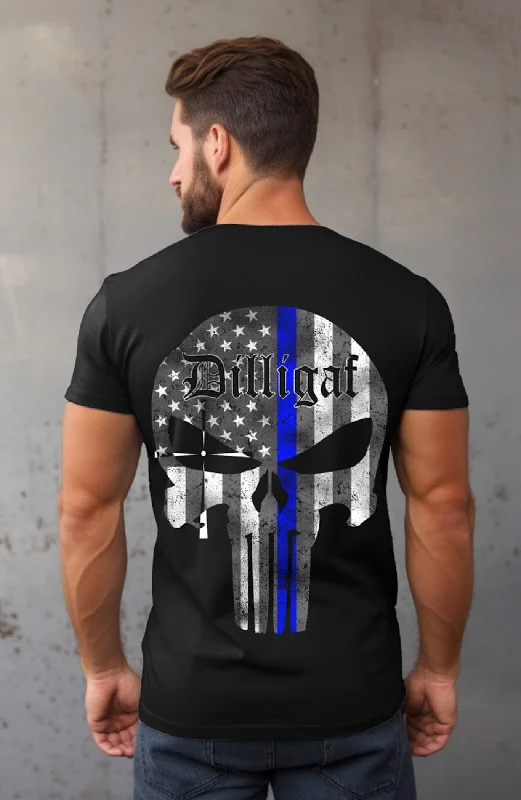 Men's button - front t - shirts with a unique artistic printBlue Lives Matter Punisher Tee Men's button - front t - shirts with a unique artistic printBlue Lives Matter Punisher Tee