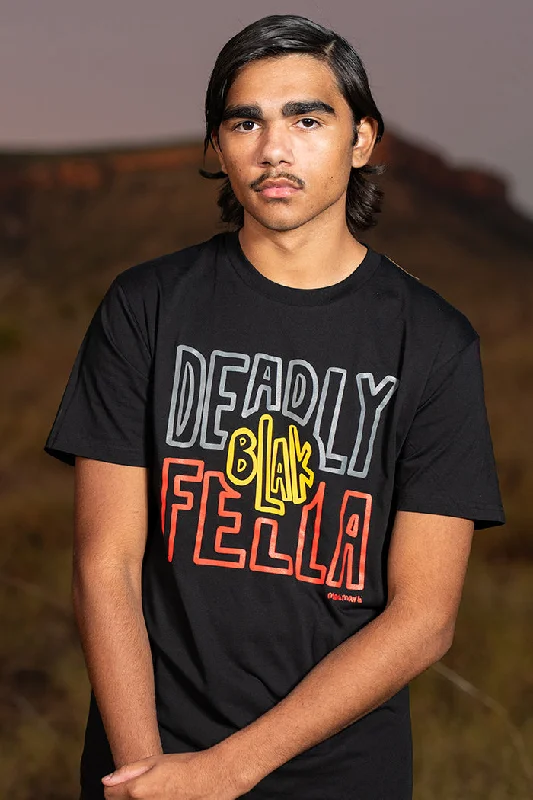Men's printed Hawaiian t - shirts for tropical vacationsDeadly Blak-Fella Black Cotton Crew Neck Unisex T-Shirt Men's printed Hawaiian t - shirts for tropical vacationsDeadly Blak-Fella Black Cotton Crew Neck Unisex T-Shirt
