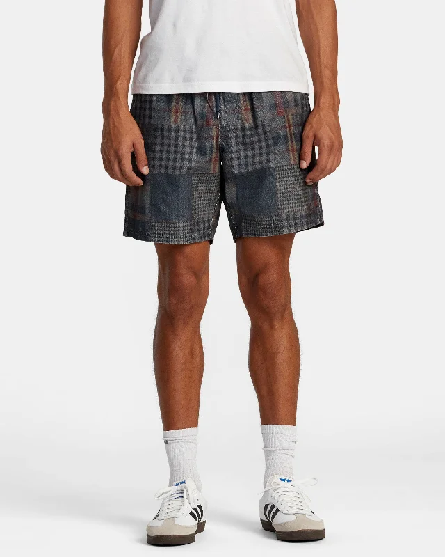 Men's ripped denim shorts for a trendy streetwear aesthetic Escape 17" Elastic Waist Shorts - Patchwork Men's ripped denim shorts for a trendy streetwear aesthetic Escape 17" Elastic Waist Shorts - Patchwork
