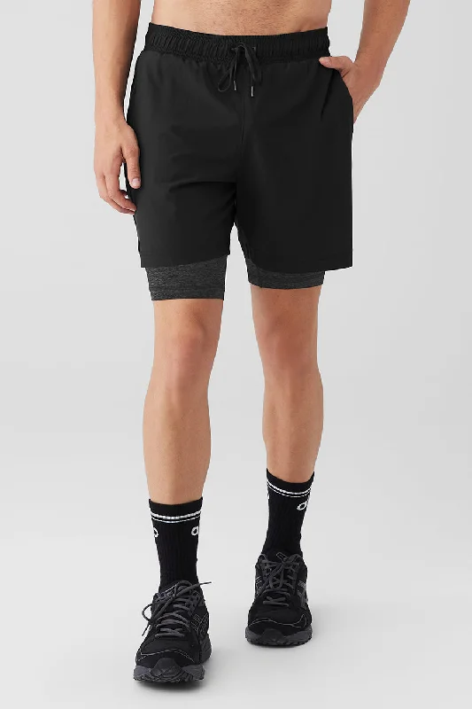 Men's floral print silk blend shorts for a unique night - out look 7" Unity 2-In-1 Short - Black/Dark Grey Marl Men's floral print silk blend shorts for a unique night - out look 7" Unity 2-In-1 Short - Black/Dark Grey Marl