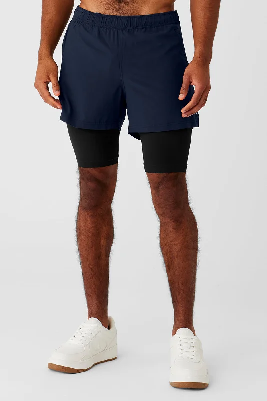 Men's elastic waistband lounge shorts for lazy weekends at home 5" Revival 2-in-1 Short - Navy/Black Men's elastic waistband lounge shorts for lazy weekends at home 5" Revival 2-in-1 Short - Navy/Black