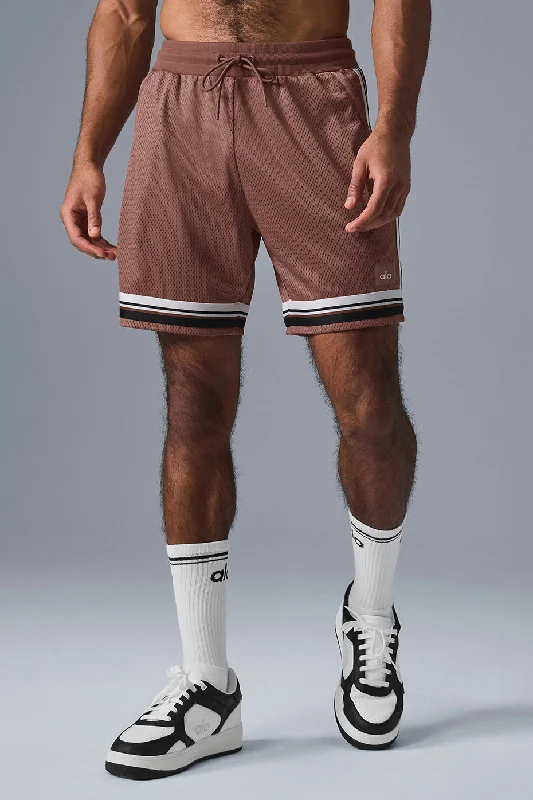 Men's ripped denim shorts for a trendy streetwear aesthetic 7" Key Mesh Basketball Short - Chestnut Men's ripped denim shorts for a trendy streetwear aesthetic 7" Key Mesh Basketball Short - Chestnut