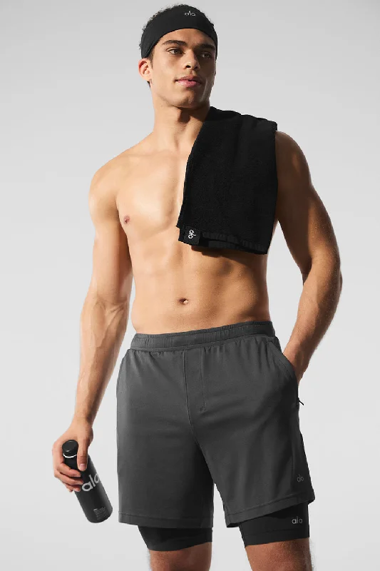 Men's side - stripe track shorts for a sporty running look Conquer React 2-In-1 Performance Short - Anthracite/Black Men's side - stripe track shorts for a sporty running look Conquer React 2-In-1 Performance Short - Anthracite/Black