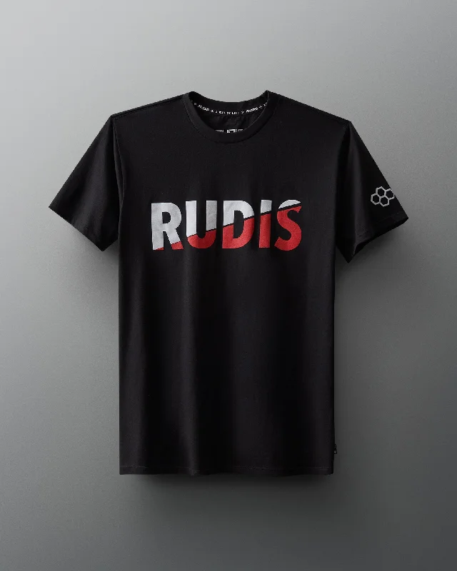 Men's short - sleeve linen t - shirts for summer beach outingsRUDIS Wordmark Split T-Shirt Men's short - sleeve linen t - shirts for summer beach outingsRUDIS Wordmark Split T-Shirt