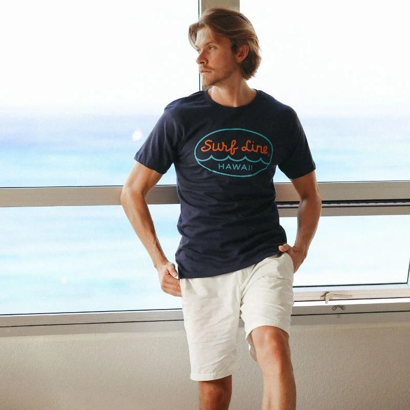 Men's slim - fit graphic t - shirts with vintage rock band printsSurf Line Hawaii Oval Adult Logo Tee Navy Men's slim - fit graphic t - shirts with vintage rock band printsSurf Line Hawaii Oval Adult Logo Tee Navy