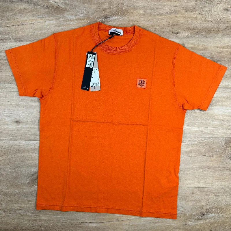 Men's long - sleeve henley t - shirts with button - down placketsStone Island Patch Logo Cotton T-Shirt in Orange Men's long - sleeve henley t - shirts with button - down placketsStone Island Patch Logo Cotton T-Shirt in Orange