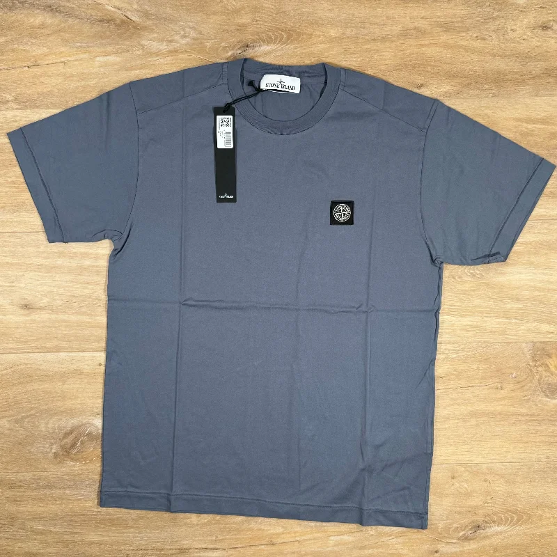 Men's button - front t - shirts with a unique artistic printStone Island Patch Logo T-Shirt in Mid Blue Men's button - front t - shirts with a unique artistic printStone Island Patch Logo T-Shirt in Mid Blue